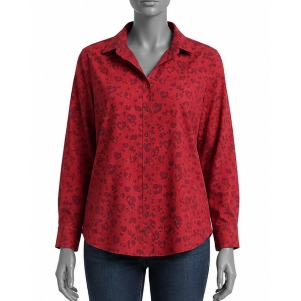 Chico's Shirt No Iron Chic Stretch Red Heart Leopard Print U.S 16 (3)